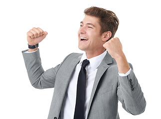 Image showing Businessman, fist pump and winner in studio with celebration or deal and growth in company shares. Happy guy, professional lawyer or yes for job achievement, promotion or success by white background