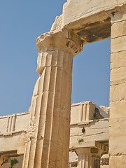 Image showing Greek history, ancient pillar or city with keystone arch, architectural detail for tourist attraction site. Traditional, outdoor or crumbling stone of temple building for culture in Acropolis Greece