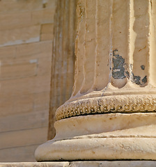 Image showing Greek history, ancient pillar or closeup of keystone arch, architectural detail for tourist attraction site. Background, outdoor or stone columns of temple building for culture in Acropolis, Greece