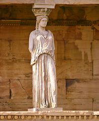 Image showing Greek history, ancient pillar or statue with keystone arch, architectural detail or tourist attraction site. Background, outdoor or stone sculpture of temple building for culture in Acropolis, Greece