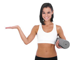 Image showing Happy woman, portrait and yoga with palm for advertising, marketing or fitness in workout exercise on a white studio background. Female person or yogi with hand out for health and wellness on mockup