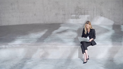 Image showing Professional Woman Working on Laptop in Minimalistic Setting