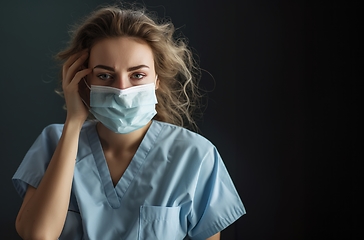 Image showing A weary doctor, adorned with a medical mask, reflects the exhaustion from relentless healthcare challenges.