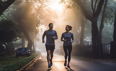 Image showing In the early morning glow, a vital couple energizes the streets with their invigorating run, embracing a healthy and active start to the day