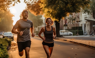 Image showing In the early morning glow, a vital couple energizes the streets with their invigorating run, embracing a healthy and active start to the day