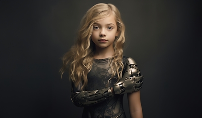 Image showing Isolated on a grey backdrop, a young girl with a robotic arm symbolizes innovation and hope for a technologically advanced future.Generated image