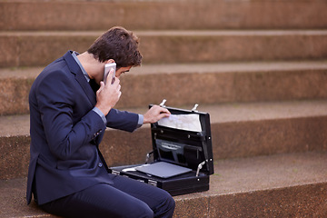 Image showing Phone call, consulting and business man and briefcase for corporate, communication and contact. Networking, technology and conversation with male employee in city for feedback, planning and chat