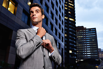 Image showing Travel, business man thinking in a city street at night with dream, vision or job opportunity. Idea, planning and male entrepreneur outdoor in New York for evening trip, immigration or startup goal