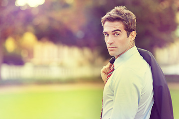 Image showing Business, travel and portrait of man in park with confidence, attitude or positive mindset. Career, focus and salesman portrait with jacket in forest for meeting, opportunity or appointment in nature