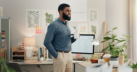 Image showing Coffee, ideas or businessman by window thinking of creative startup project in a design agency. Tea, drink or African entrepreneur with a plan for future goal or solution by computer or mockup space