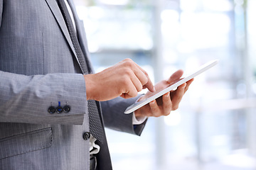 Image showing Businessman, hands and tablet in office for schedule, investment planning or online risk assessment. Professional man, corporate and technology for web, search and digital portfolio management