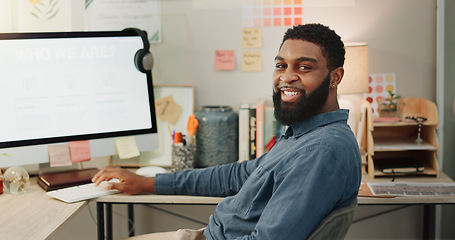 Image showing Office, green screen or happy web designer on computer to research software, website or digital transformation. Smile, face or black man at desk for copywriting branding, advertising or mockup space