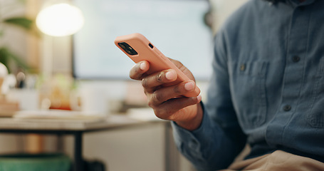 Image showing Typing, hand and person with a phone in an office for a search, online chat or email on a website. Communication, closeup and an employee with a mobile for a social media app, internet or connection