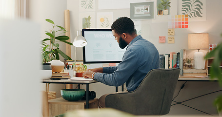 Image showing Night, desk and a black man with a notebook for planning of work goals, target or ideas for a project. Workspace, strategy and an African businessman writing for deadline inspiration or notes