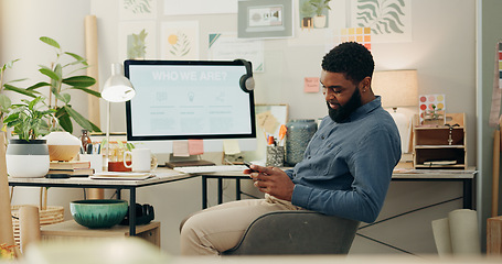 Image showing Business, office and black man with smartphone, typing and computer screen with graphic designer, social media and network. African person, employee or worker with a cellphone, mobile app or internet