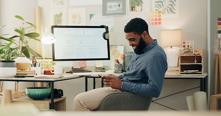 Image showing Business, office and black man with smartphone, typing and computer screen with graphic designer, social media and network. African person, employee or worker with a cellphone, mobile app or internet