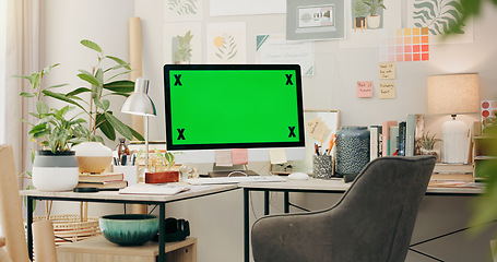 Image showing Office, desk and computer with green screen, mockup and desktop placeholder for website design information. Pc monitor, chromakey and space for media promo, branding or logo in creative workplace.