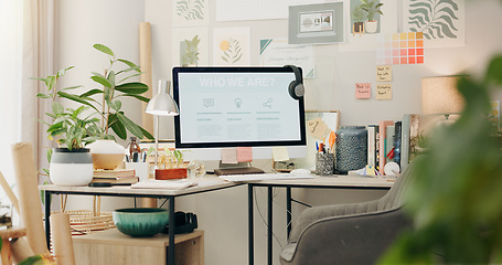 Image showing Empty, workspace and a computer in a home office for remote work, business or design of desk. Working, creative and a table with a pc and setup for a freelance career or entrepreneurship from a house