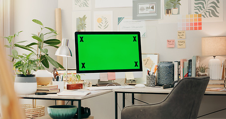 Image showing Office, desk and computer with green screen, chromakey and desktop placeholder for website design information. Pc monitor, mockup and space for media promo, branding or logo in creative workplace.