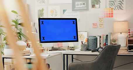 Image showing Office, monitor and computer with green screen, mockup and desktop placeholder for website design information. Pc desk, chromakey and space for media promo, branding or logo in creative workplace.