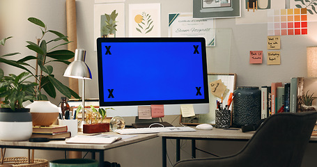Image showing Office, mockup or green screen on computer to research network, chroma key marker or web design. Background, empty or technology at work desk for copywriting branding, advertising or marketing space