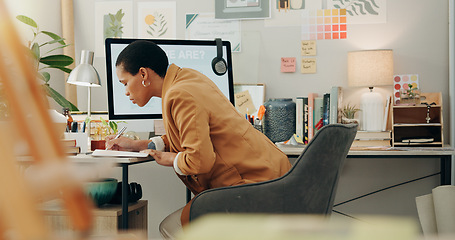 Image showing Planning ideas, office and a black woman with a notebook for business, project inspiration or goals. Workspace, notes and an African employee writing notes about work information, schedule or agenda