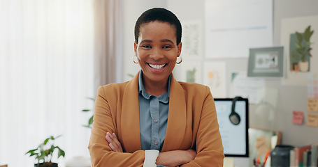 Image showing Remote work, confidence and black woman at desk with computer, headphones and smile in home office. Freelance, internet and technology, online career with happy virtual assistant working in apartment