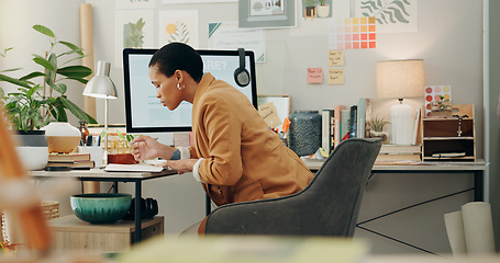 Image showing Planning ideas, office and a black woman with a notebook for business, project inspiration or goals. Workspace, notes and an African employee writing notes about work information, schedule or agenda