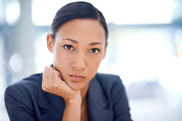 Image showing Professional woman, lawyer and office in portrait with confidence, pride and work on mockup. Business person, confident and face at workplace for vision, idea or corporate with serious expression