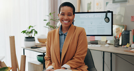 Image showing Remote work, portrait and black woman at desk with computer, headphones and smile in home office. Freelance, internet and technology, online career with happy virtual assistant working in apartment.