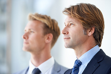 Image showing Businessman, team and dream with vision for career ambition, mission or corporate law firm at office. Face of man, lawyer or business employees looking away in professional organization, suit or tie