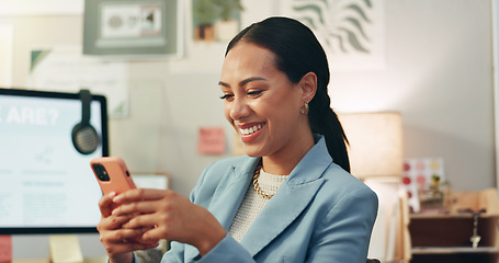 Image showing Phone, text and business woman in office happy for social media, message or networking notification. Smartphone, app and female person smile for online, chat and web, alert and communication at work