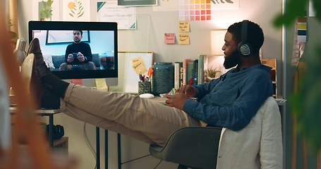 Image showing Computer, web series and man watching movie with snacks and food in home office. Relax, internet and African male person with film subscription app and tech with headphones listening to online video