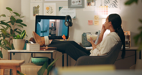 Image showing Computer, web series and woman eating and watching movie with snacks and food in home office. Relax, internet and female person with film subscription app and tech with pc listening to online video