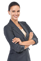 Image showing Studio, business and confident woman with portrait, smile and ideas for trust with corporate. Receptionist, white background and face with arms crossed, company or startup with career ambition