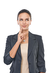 Image showing Business woman, white background and thinking for accounting, finance and clients in company. Professional female auditor, studio and idea for office, space and confidence for thought and workplace
