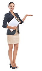 Image showing Girl, portrait and corporate with clipboard in studio, receptionist and business career with paper. Female secretary, checklist and schedule, show presentation and smile with white background