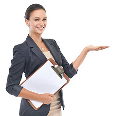 Image showing Woman, portrait and corporate with checklist in studio, receptionist and business career with paper. Female secretary, announcement and schedule, show presentation and smile with white background