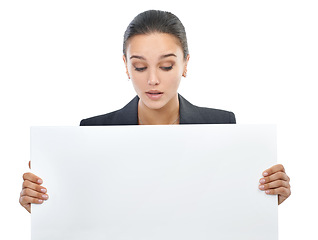 Image showing Woman, advertising and placard with mockup space in studio, portrait and information for market sales. Girl, poster and announcement for promotion, billboard and communication with white background