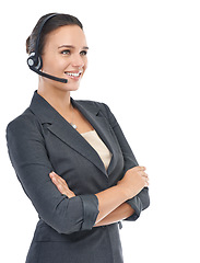 Image showing Businesswoman, headset and consultant in studio, customer service and crm on white background. Female person, call centre representative and tech support or assistant, contact and agent at helpdesk