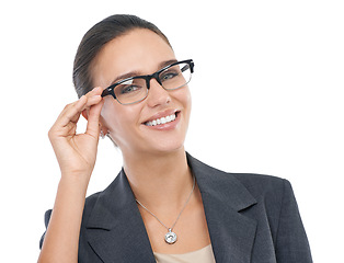 Image showing Businesswoman, glasses and confidence in studio portrait, professional and consultant on white background. Female person, eyewear and entrepreneur pride for startup company, optical care and smile