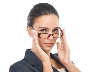 Image showing Businesswoman, eyewear and confident in studio portrait, professional and consultant on white background. Female person, glasses and entrepreneur pride for startup company, optical care and serious