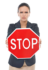 Image showing Business woman, portrait and stop sign in protest, emergency or warning on a white studio background. Concerned or frustrated female person or employee with shape, icon or symbol for danger or signal