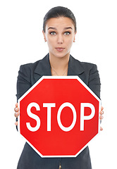 Image showing Business woman, stop sign and white background for safety campaign at work for human resources. Professional female studio, symbol and shocked at warning, caution and company policy for hazard