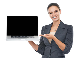 Image showing Happy woman, portrait and laptop screen for business presentation or advertising on a white studio background. Female person, lawyer or attorney with smile or showing computer display on mockup space