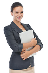 Image showing Happy, business woman and portrait with laptop of receptionist on a white studio background. Female person, admin or secretary with smile and computer in formal fashion for networking or information