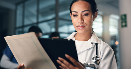 Image showing Doctor, woman and tablet with document, night and analysis for results, decision and info in hospital. Medic, digital touchscreen and paperwork for health, history and planning for thinking in clinic