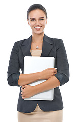 Image showing Happy woman, portrait and laptop of receptionist in business fashion on a white studio background. Female person, admin or secretary with smile and computer in formal clothing for corporate style