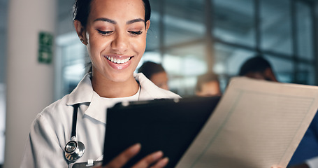 Image showing Doctor, woman and tablet with document, night and analysis for results, decision and info in hospital. Medic, digital touchscreen and paperwork for health, history and planning for thinking in clinic