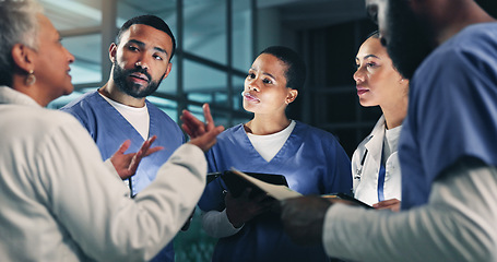 Image showing Doctor, team management and tablet at night with planning medical, healthcare and clinic surgery. Hospital team and conversation and planning with research and results information for collaboration